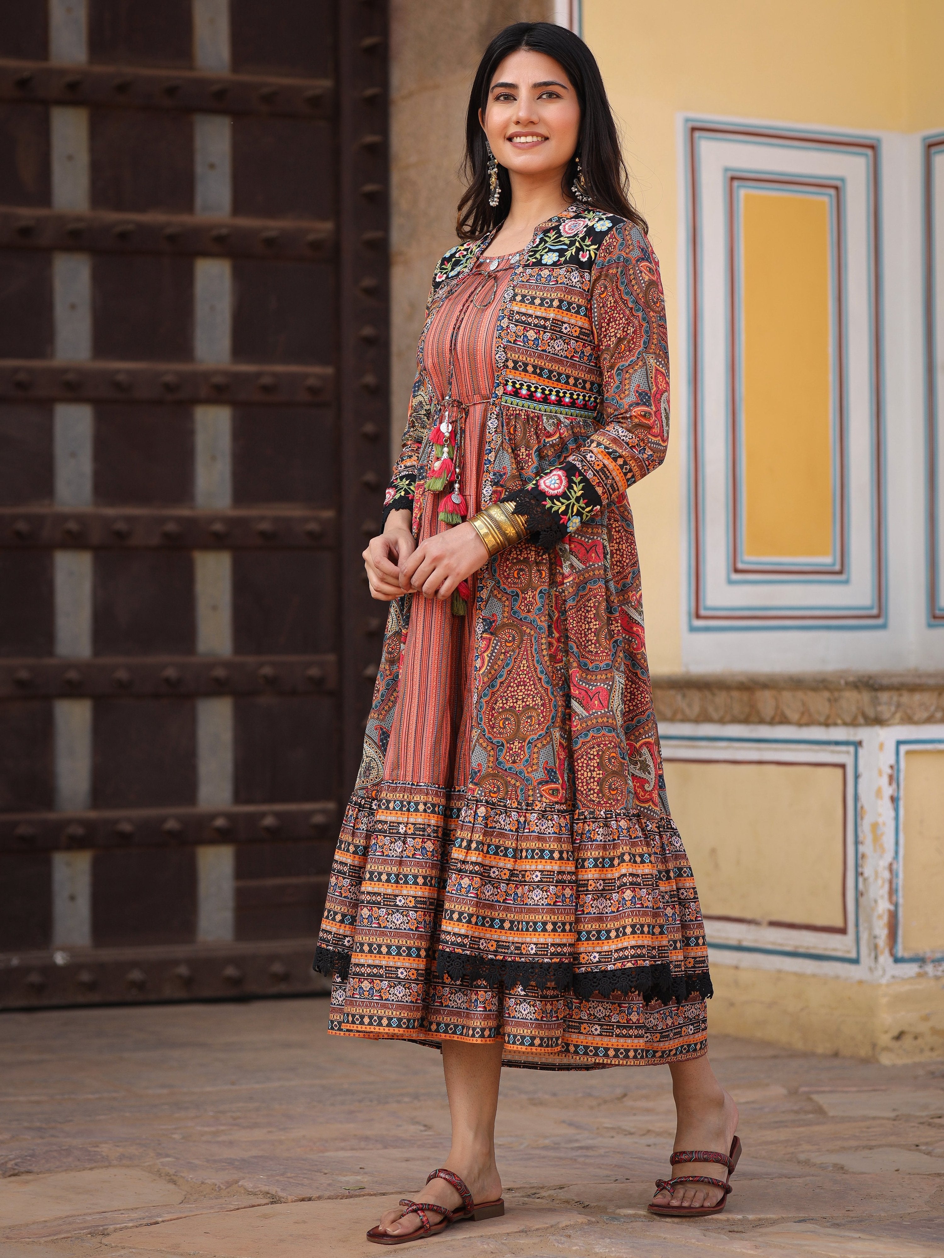 Juniper Women's Multi Colored Cotton Maxi Dress With Ethnic Motifs, Embroidered Jacket, And Long Sleeves | Grocsy