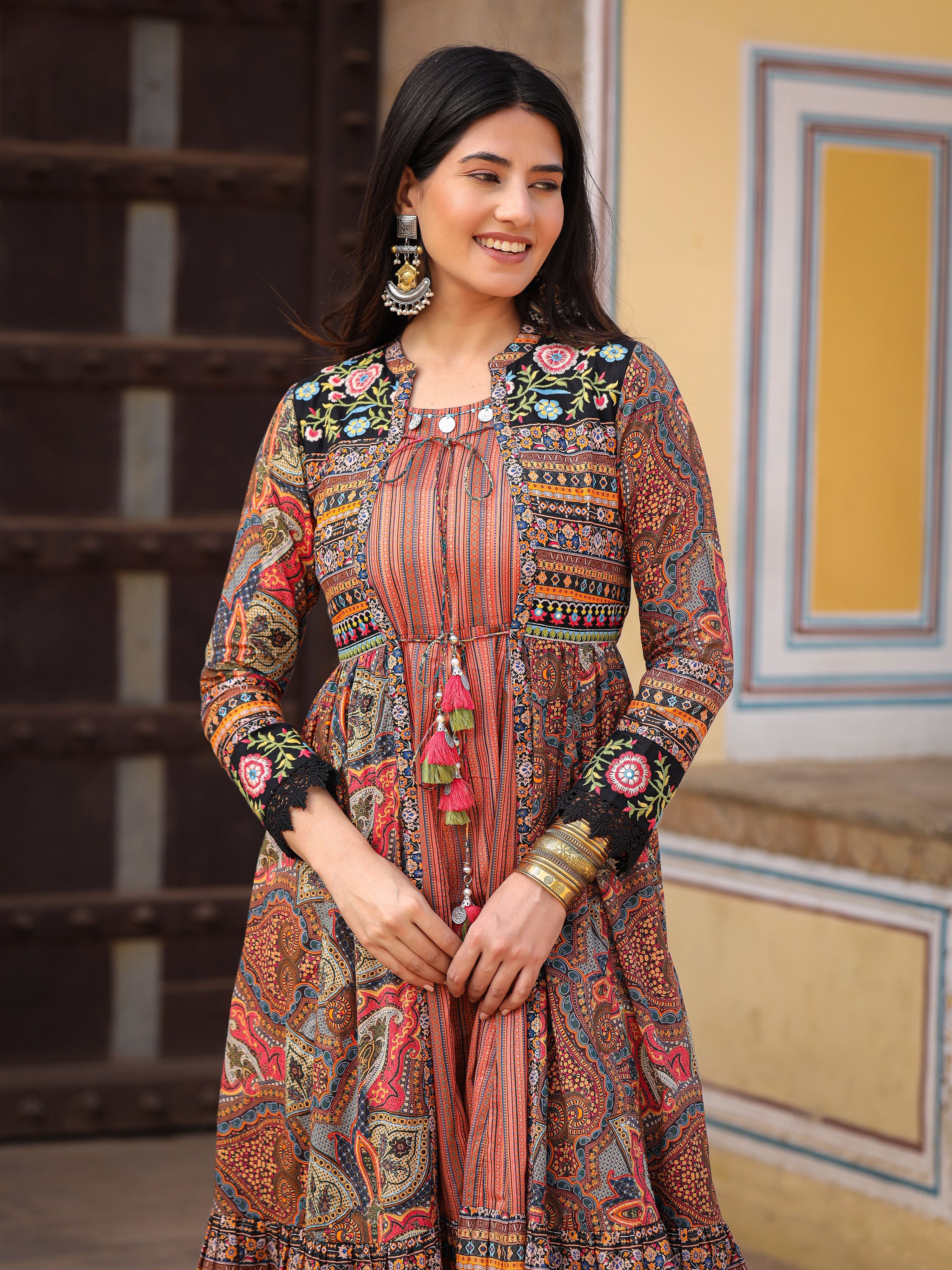 Juniper Women's Multi Colored Cotton Maxi Dress With Ethnic Motifs, Embroidered Jacket, And Long Sleeves | Grocsy