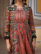 Juniper Women's Multi Colored Cotton Maxi Dress With Ethnic Motifs, Embroidered Jacket, And Long Sleeves | Grocsy