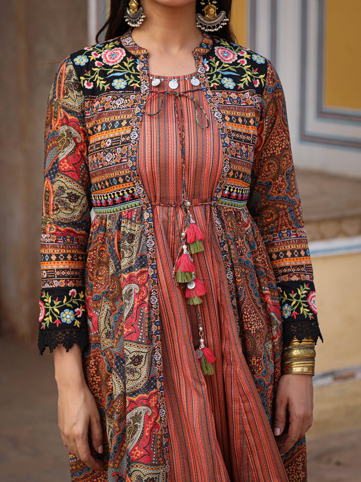 Juniper Women's Multi Colored Cotton Maxi Dress With Ethnic Motifs, Embroidered Jacket, And Long Sleeves | Grocsy