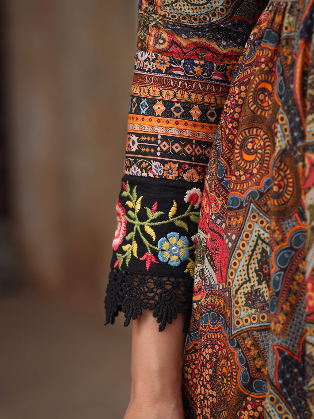Juniper Women's Multi Colored Cotton Maxi Dress With Ethnic Motifs, Embroidered Jacket, And Long Sleeves | Grocsy