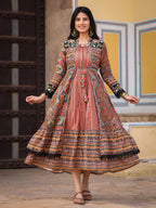 Juniper Women's Multi Colored Cotton Maxi Dress With Ethnic Motifs, Embroidered Jacket, And Long Sleeves | Grocsy