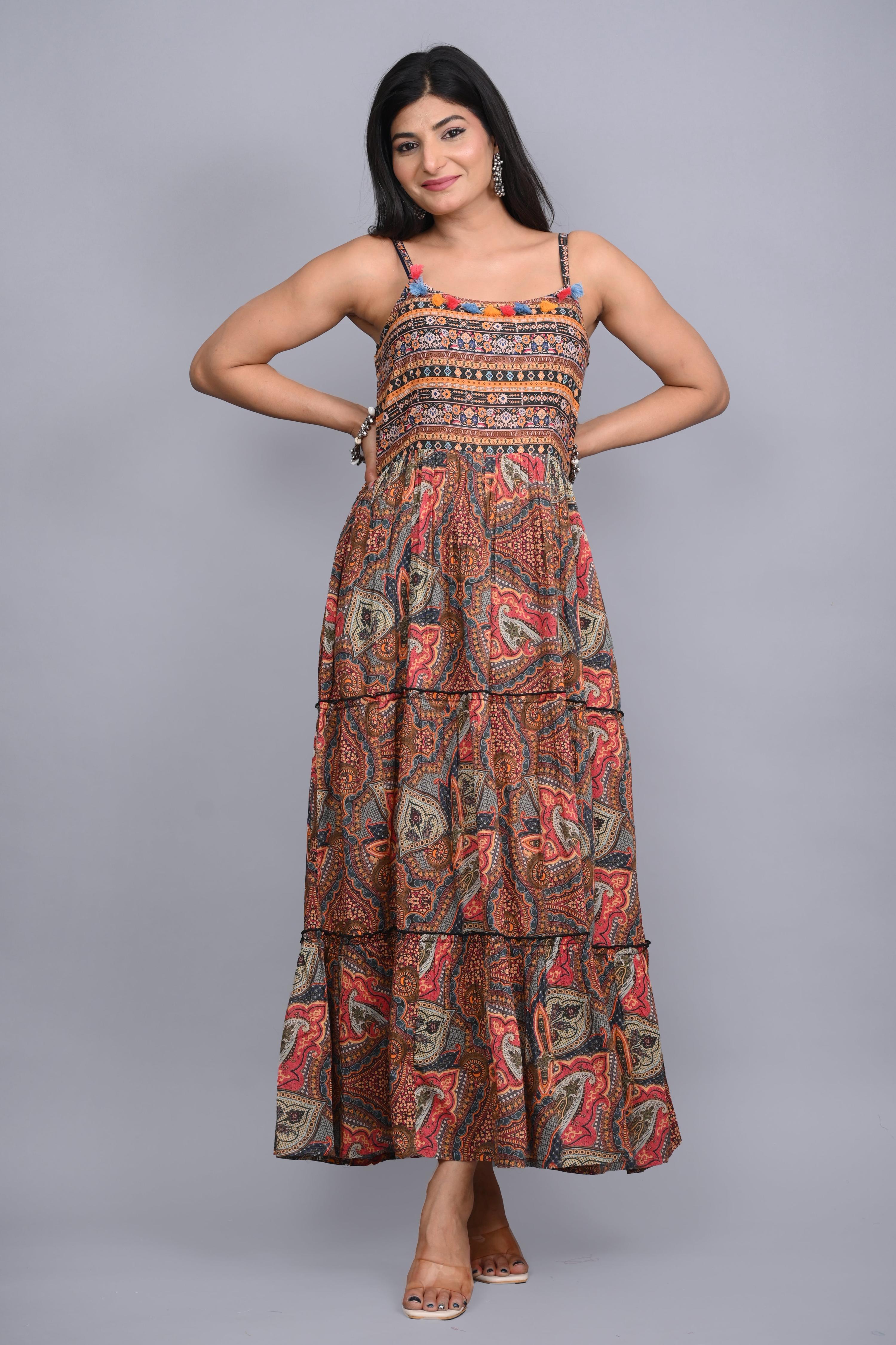 Juniper Multi Colored Cotton Ethnic Motif Maxi Dress with Shrug | Grocsy