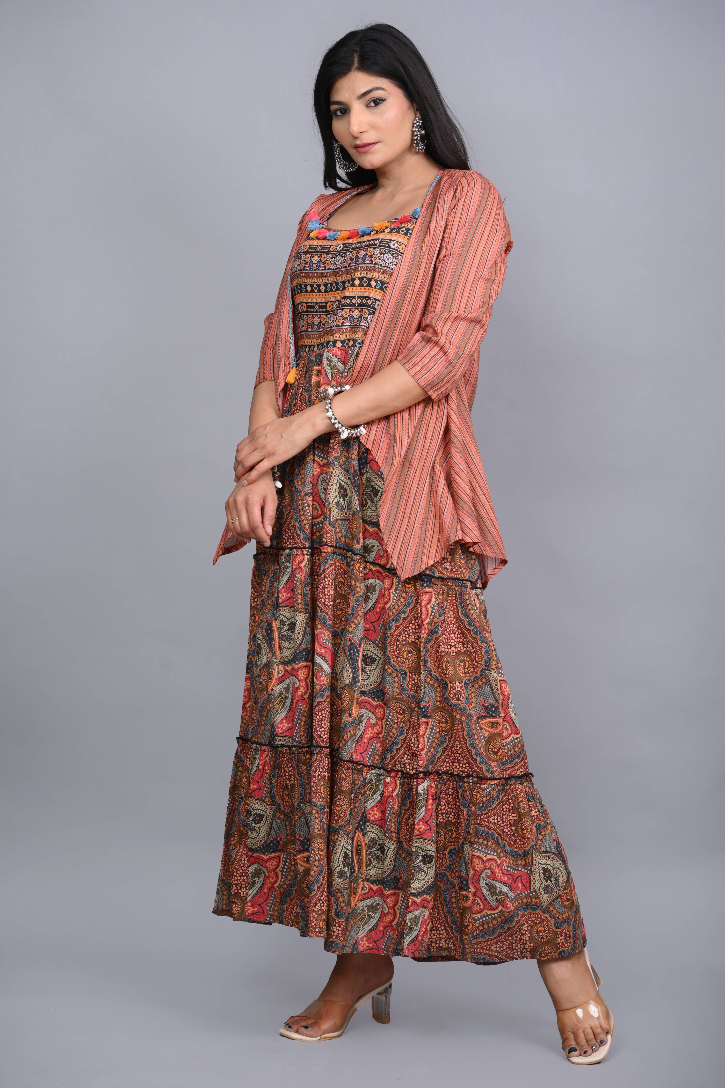 Juniper Multi Colored Cotton Ethnic Motif Maxi Dress with Shrug | Grocsy