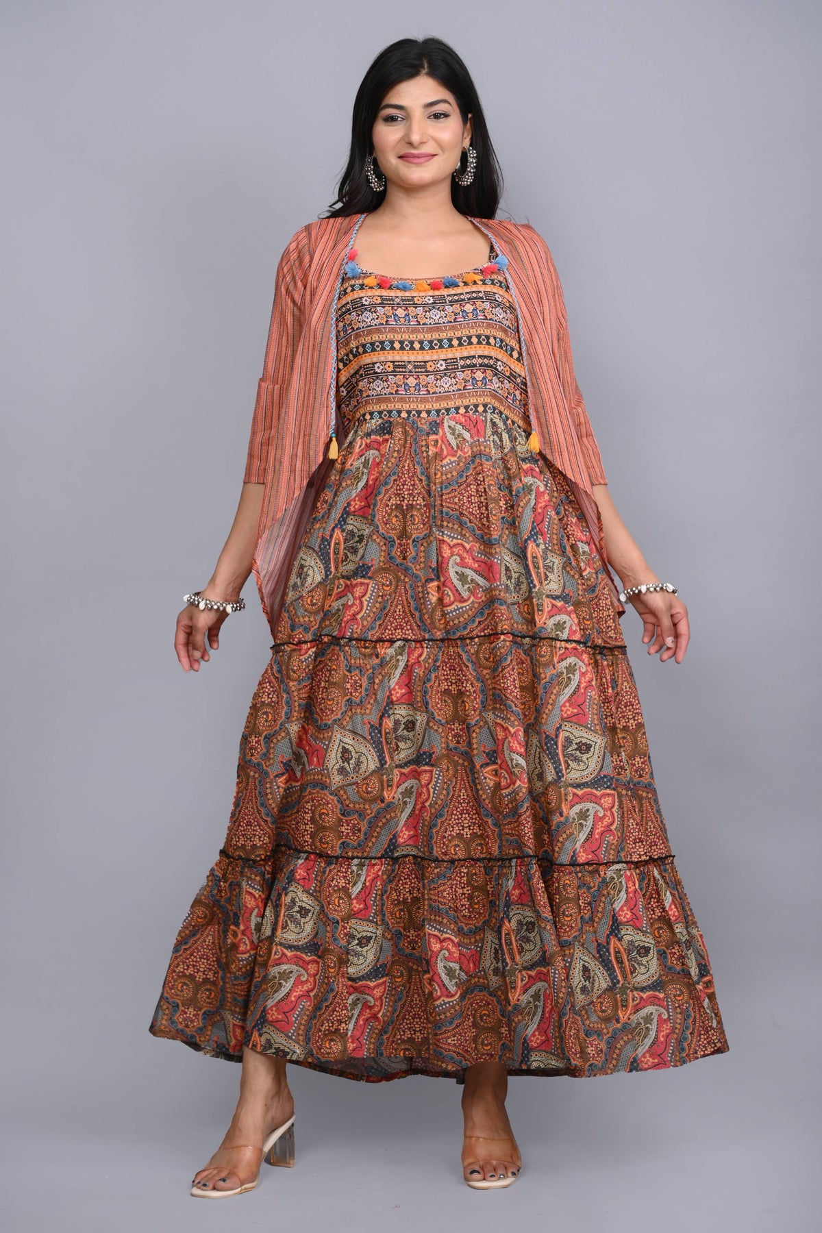 Juniper Multi Colored Cotton Ethnic Motif Maxi Dress with Shrug | Grocsy
