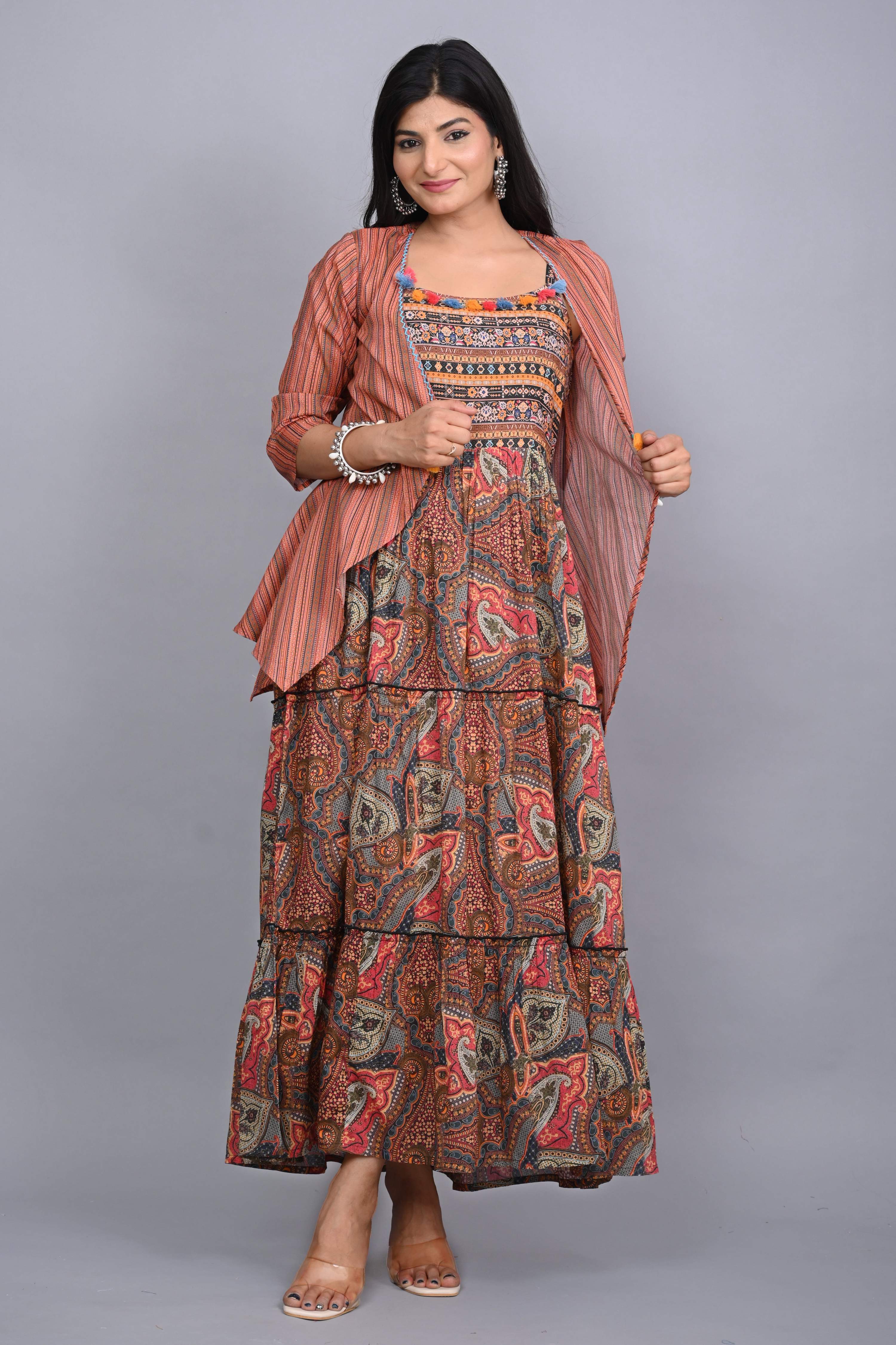 Juniper Multi Colored Cotton Ethnic Motif Maxi Dress with Shrug | Grocsy