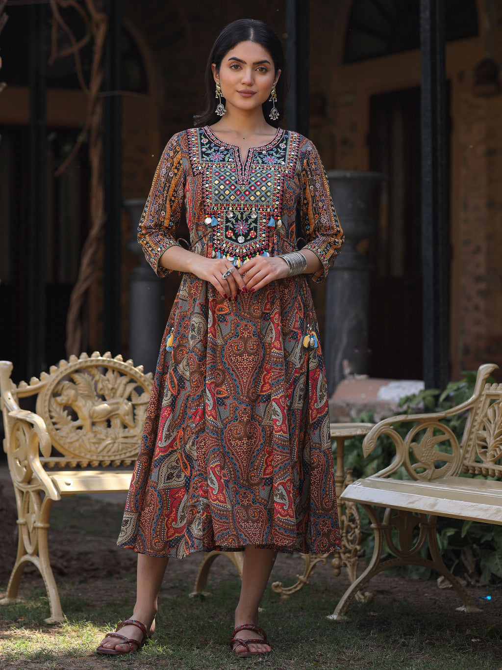 Juniper Women's Multi Colored Cotton Ethnic Motif Printed Maxi Dress with Embroidered Yoke | Grocsy