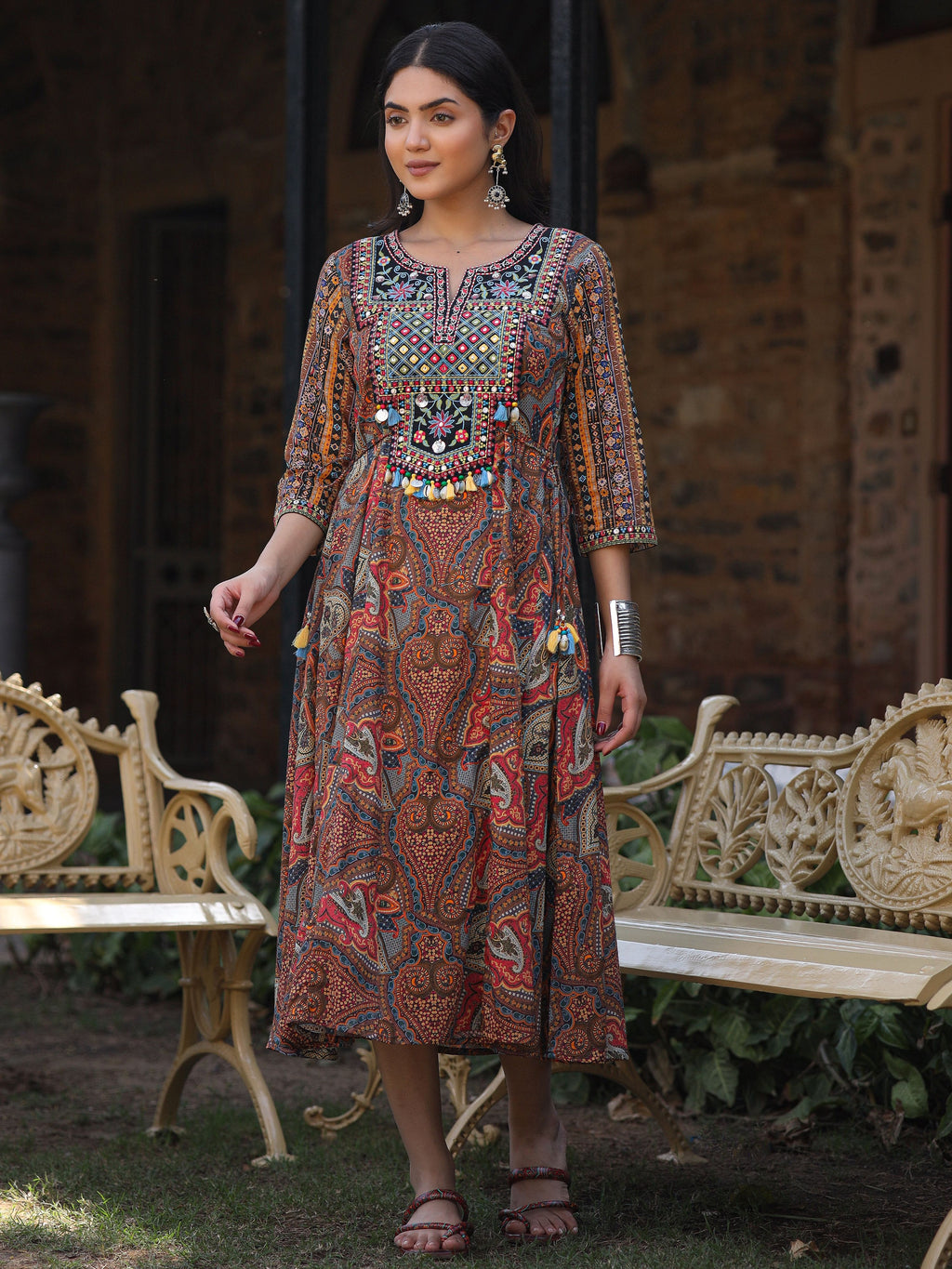 Juniper Women's Multi Colored Cotton Ethnic Motif Printed Maxi Dress with Embroidered Yoke | Grocsy