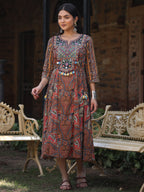 Juniper Women's Multi Colored Cotton Ethnic Motif Printed Maxi Dress with Embroidered Yoke | Grocsy