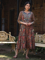 Juniper Women's Multi Colored Cotton Ethnic Motif Printed Maxi Dress with Embroidered Yoke | Grocsy
