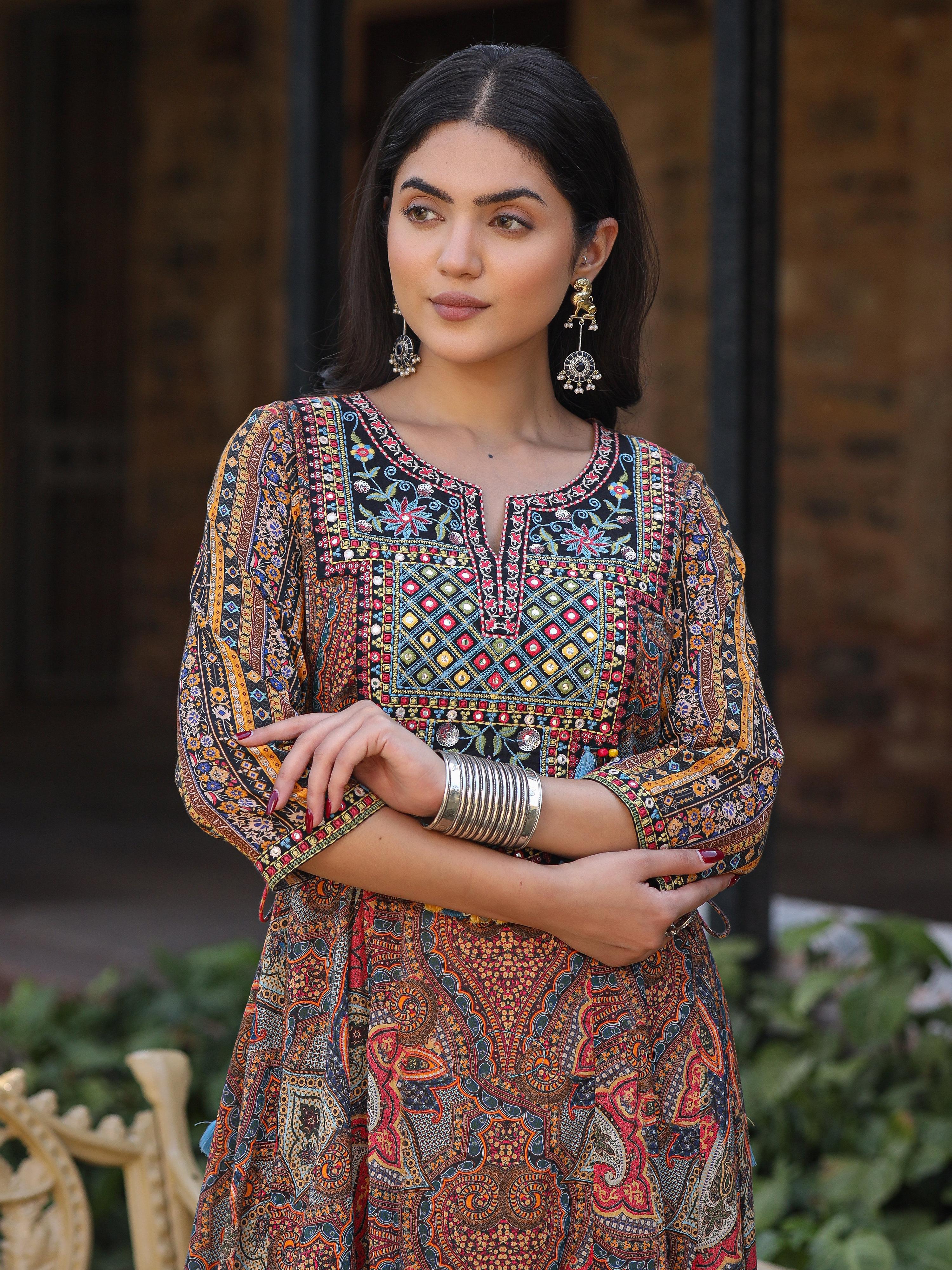Juniper Women's Multi Colored Cotton Ethnic Motif Printed Maxi Dress with Embroidered Yoke | Grocsy
