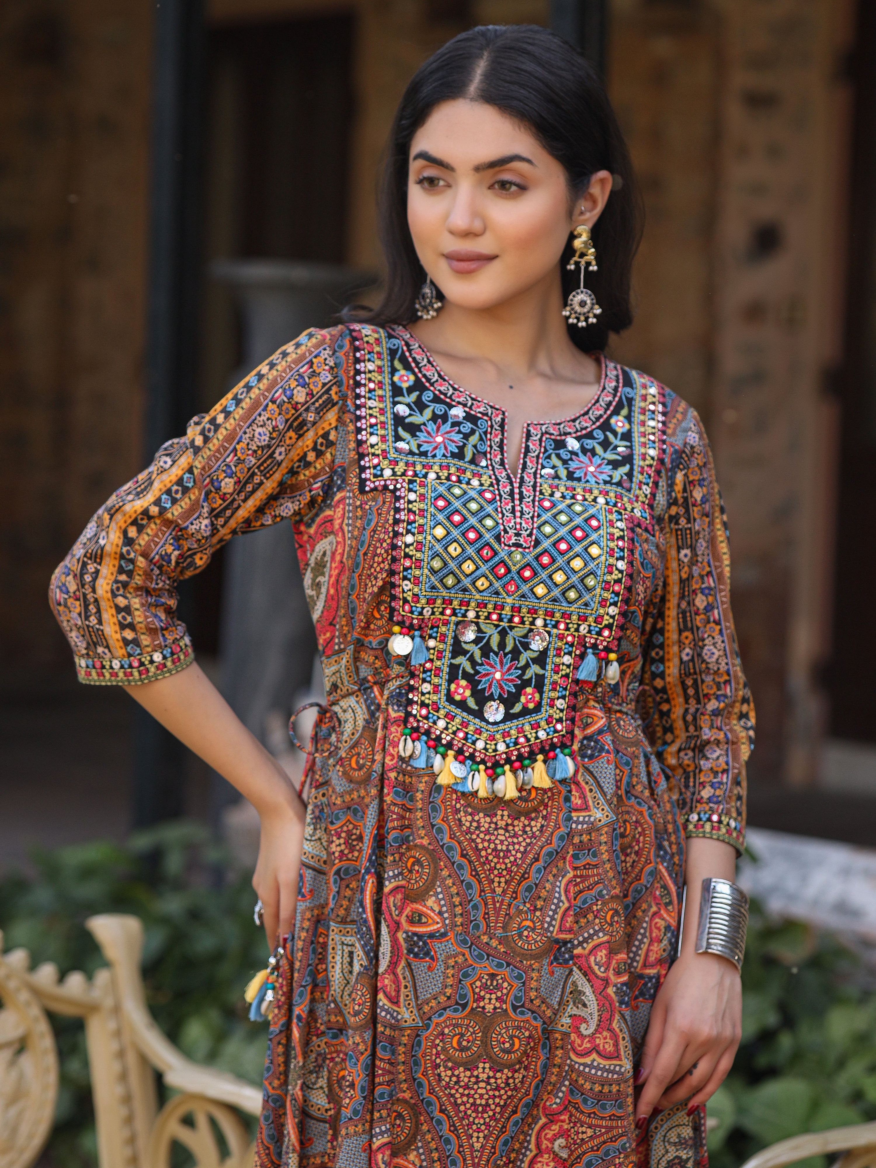 Juniper Women's Multi Colored Cotton Ethnic Motif Printed Maxi Dress with Embroidered Yoke | Grocsy