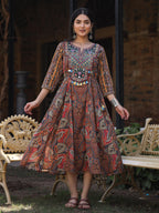 Juniper Women's Multi Colored Cotton Ethnic Motif Printed Maxi Dress with Embroidered Yoke | Grocsy