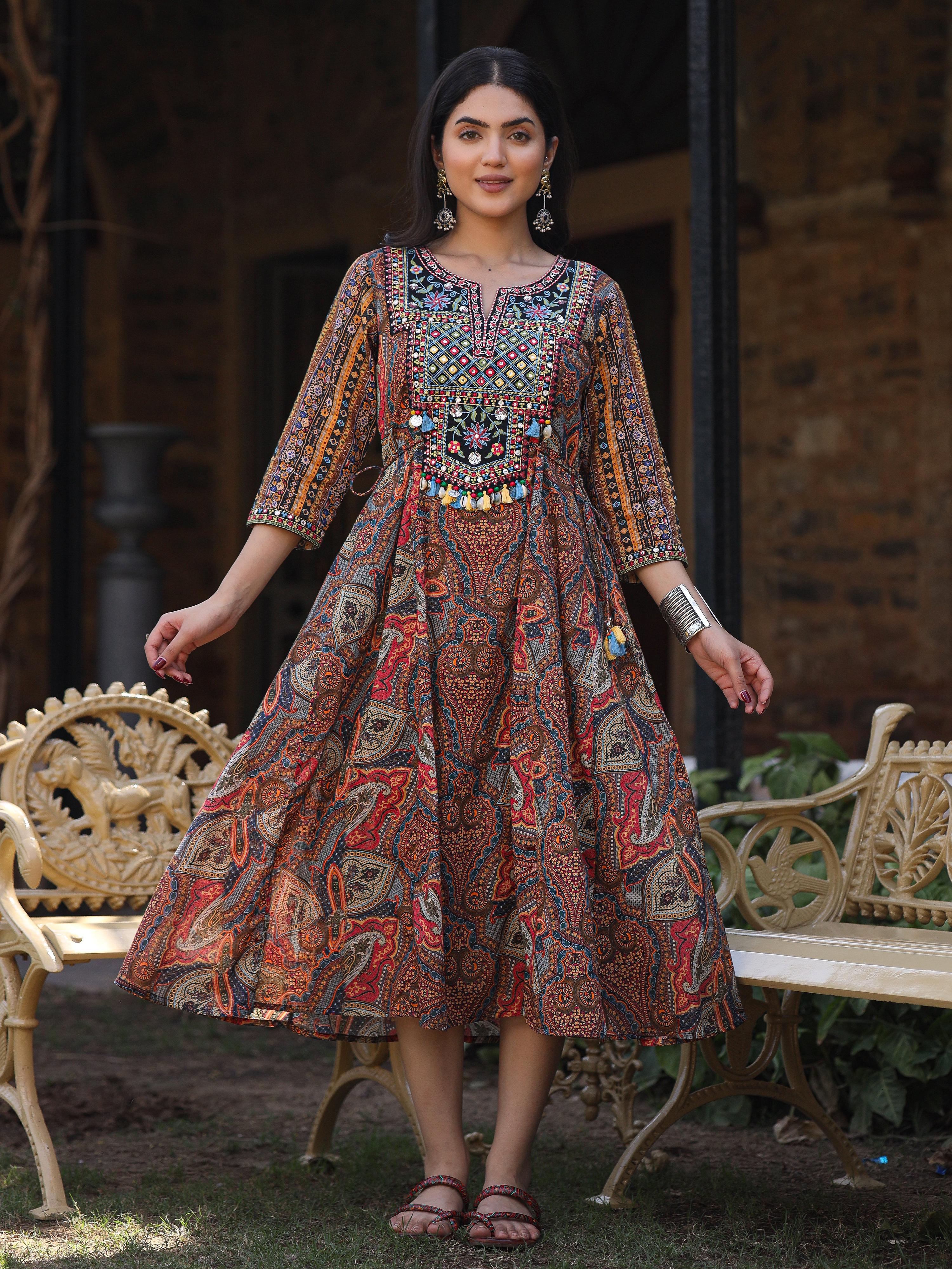 Juniper Women's Multi Colored Cotton Ethnic Motif Printed Maxi Dress with Embroidered Yoke | Grocsy