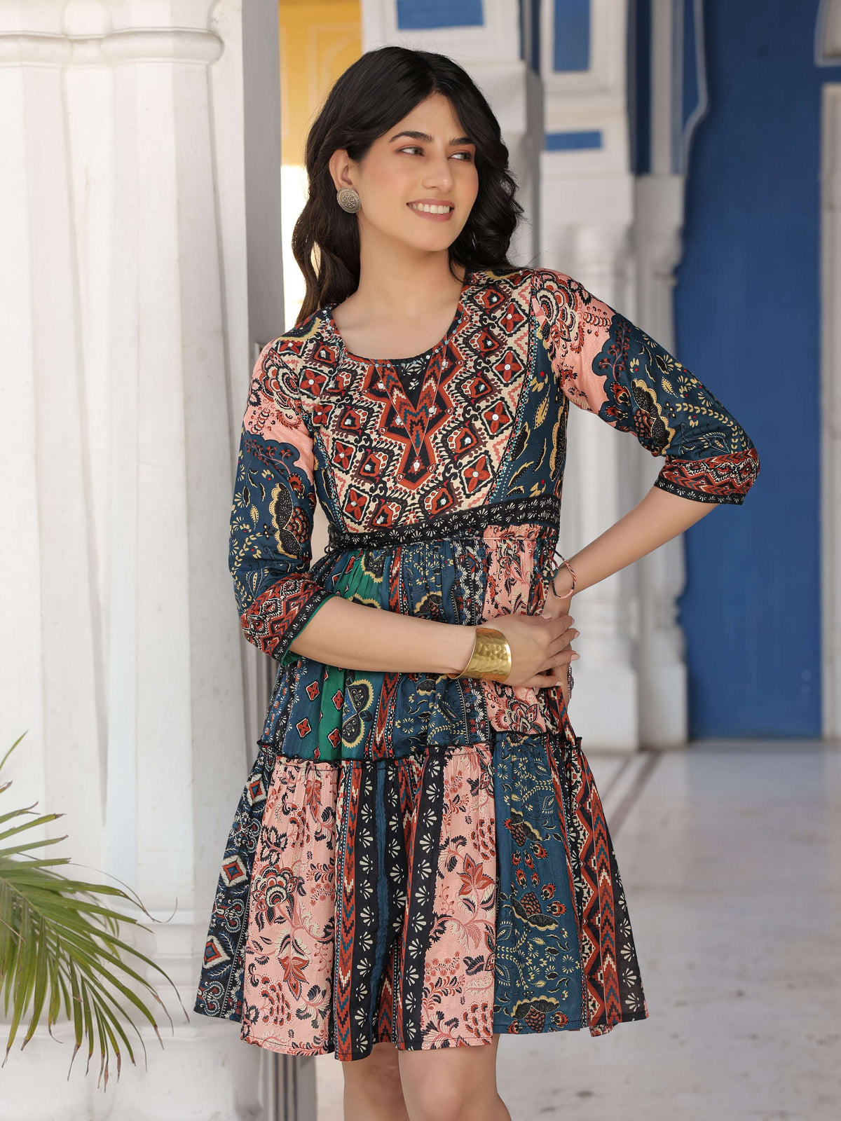 Juniper Multi Colored Cotton Short Dress with Ethnic Print For Women | Grocsy