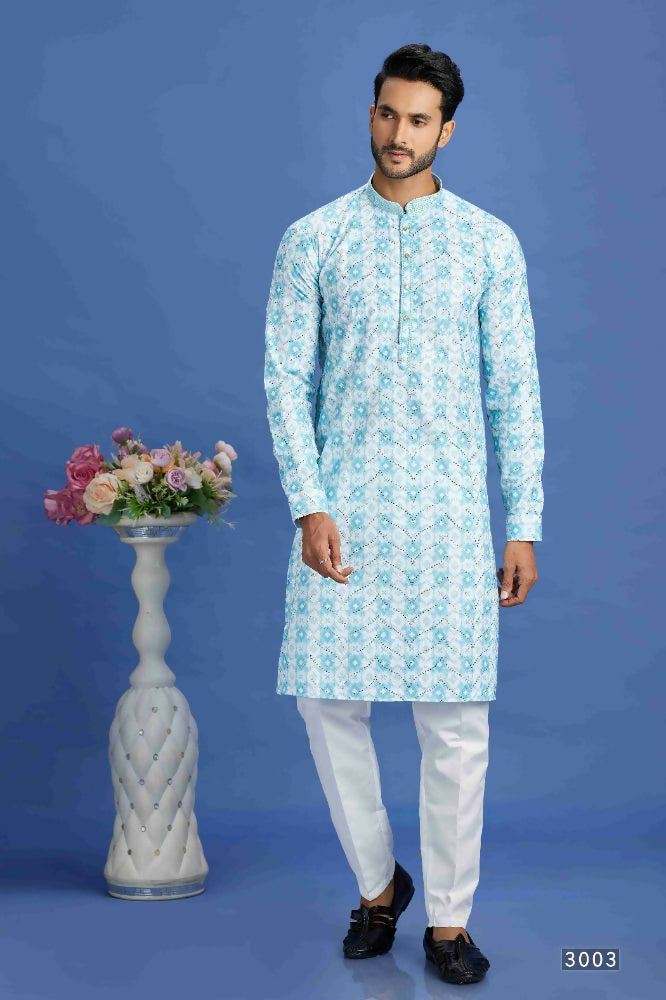 Raivat Ethnic Cotton Embroidery Kurta Pajama In Sky Blue Colour | Grocsy