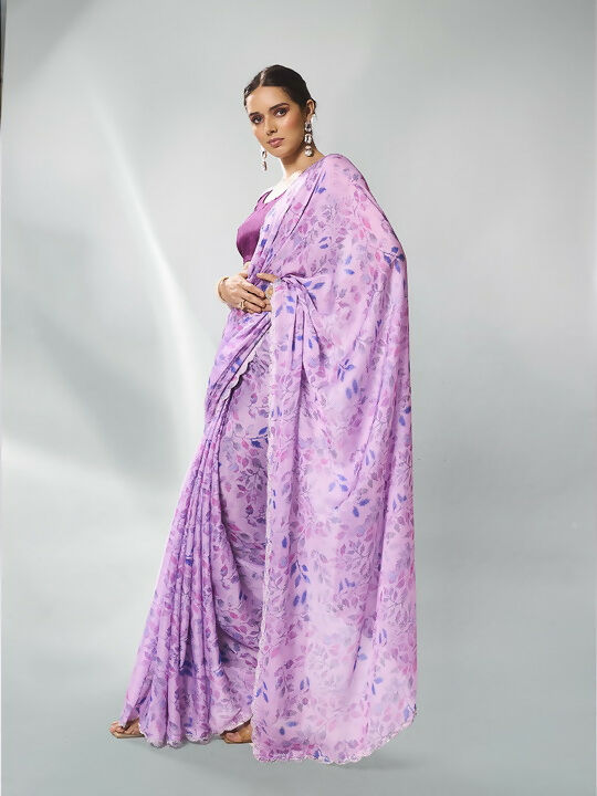 Lavender Satin Georgette Designer Printed Saree - Shezlin | Grocsy