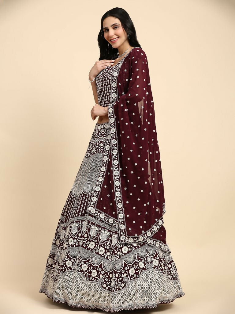 Brown Georgette Thread Embroidered Lehenga Choli with Dupatta - Tanya | Grocsy