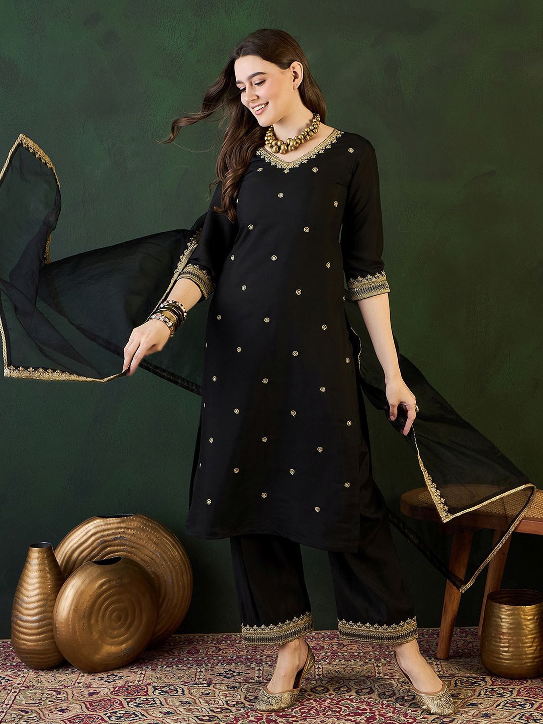Sangria Zari Sequence Embroidered Straight Kurta & Trousers With Dupatta | Grocsy
