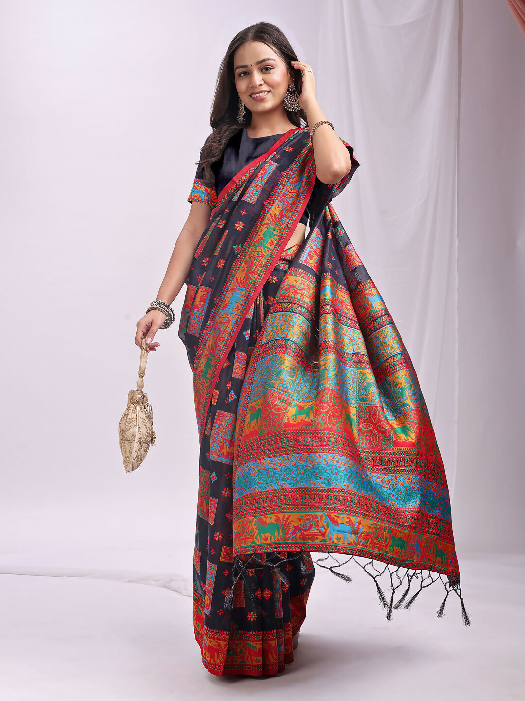 Shree Shyam Fashion Vastraloom Navy Blue Linen Cotton Saree | Grocsy