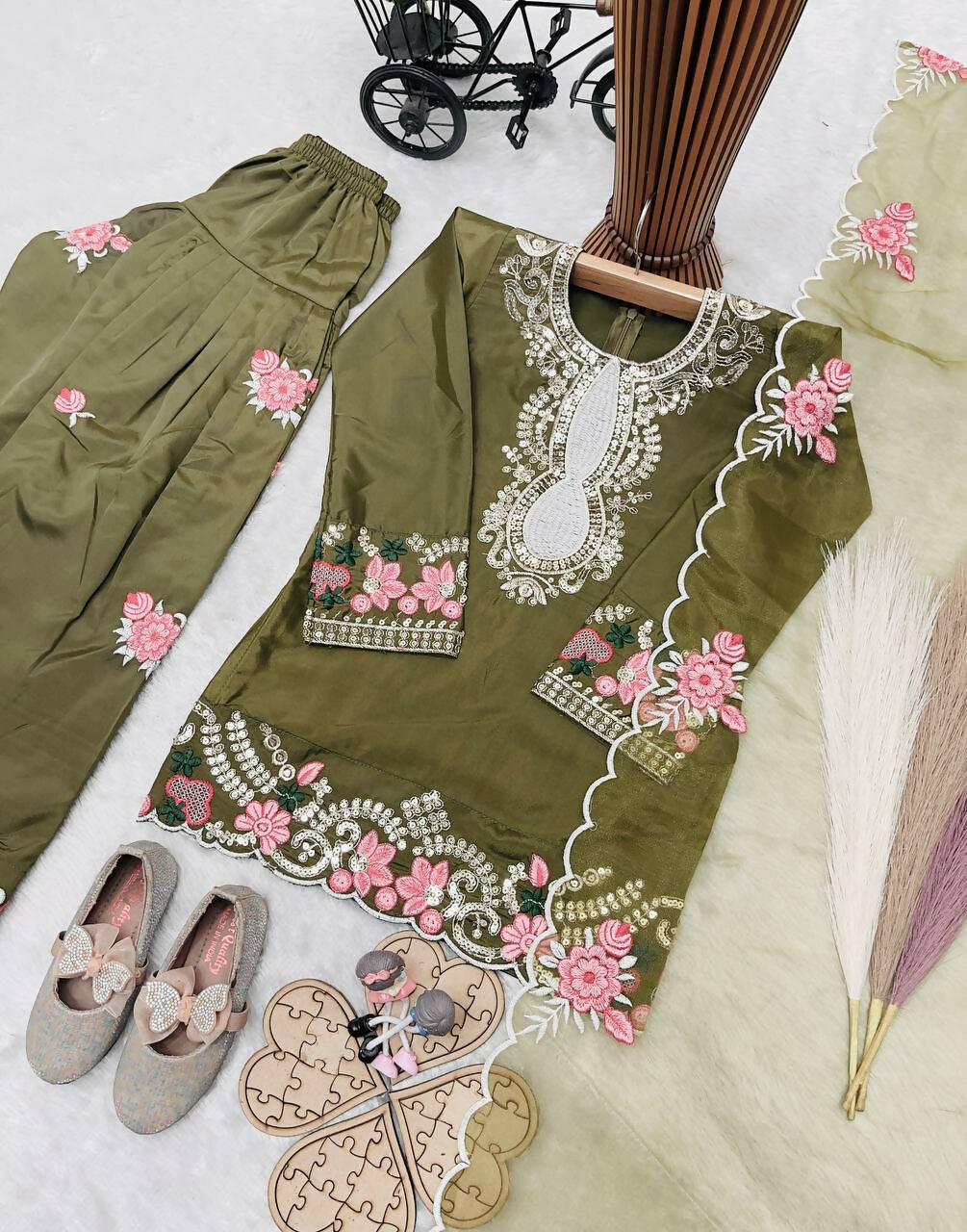 Teeya Creation New Kids Trendy Wedding Wear Traditional Kurta Salwar Set-Green | Grocsy