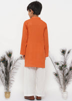 Little Bansi Boys Cotton Kesari Kurta with Pearl Buttons and Pyjama -Orange and Cream | Grocsy