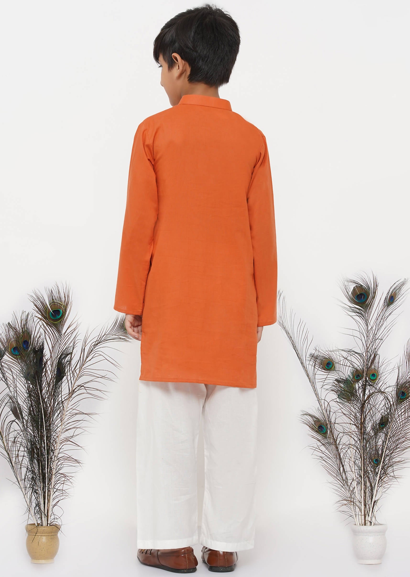 Little Bansi Boys Cotton Kesari Kurta with Pearl Buttons and Pyjama -Orange and Cream | Grocsy