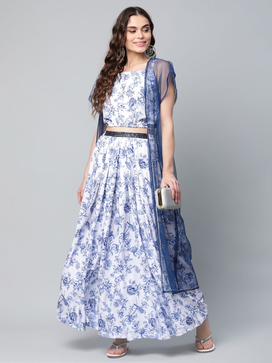 Ahalyaa Women Blue Crepe Printed Top with Skirt with Net Overlay | Grocsy
