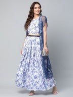 Ahalyaa Women Blue Crepe Printed Top with Skirt with Net Overlay | Grocsy