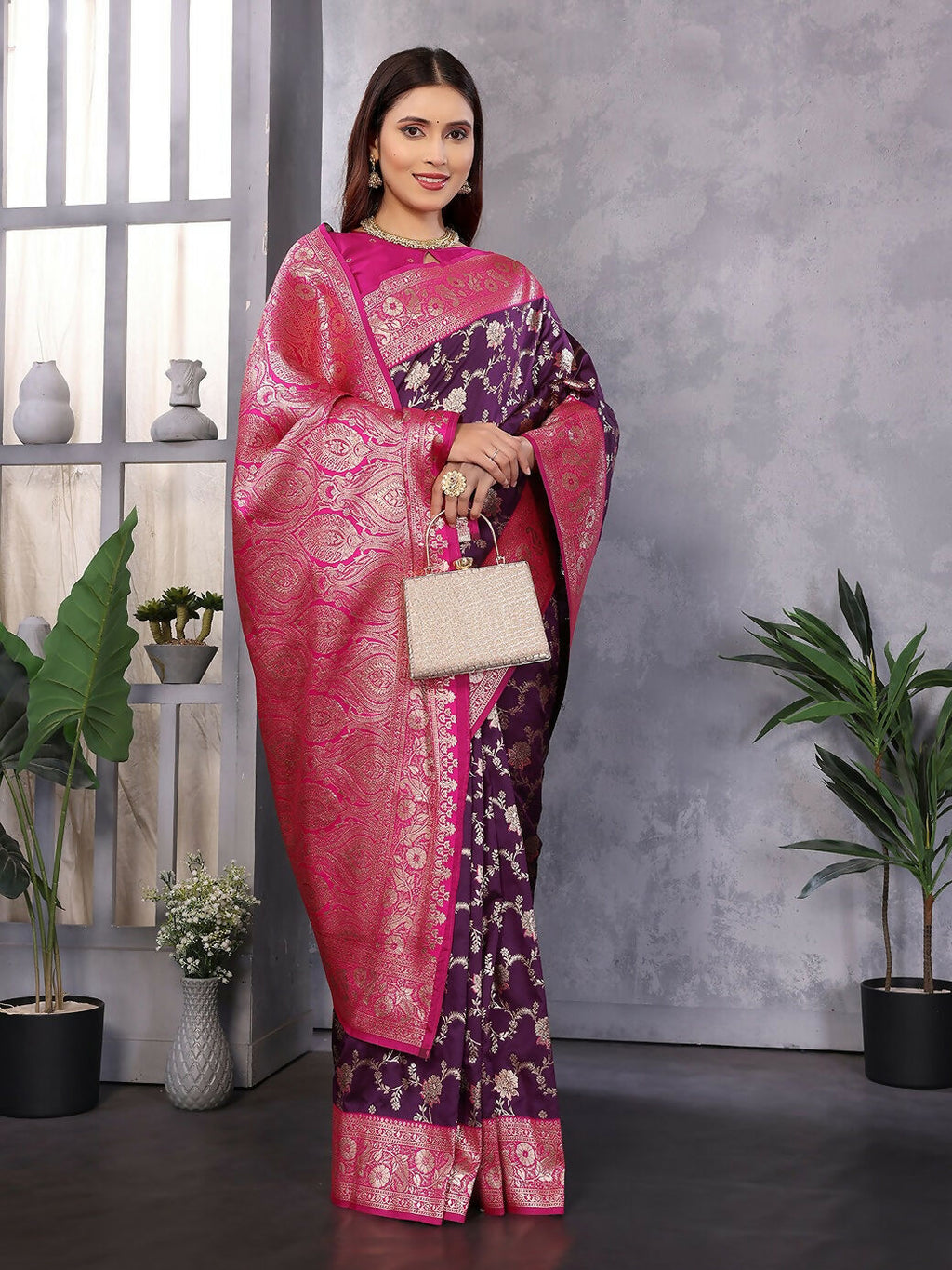 Joban Fashion Banarasi Wine Woven Soft Silk Saree | Grocsy