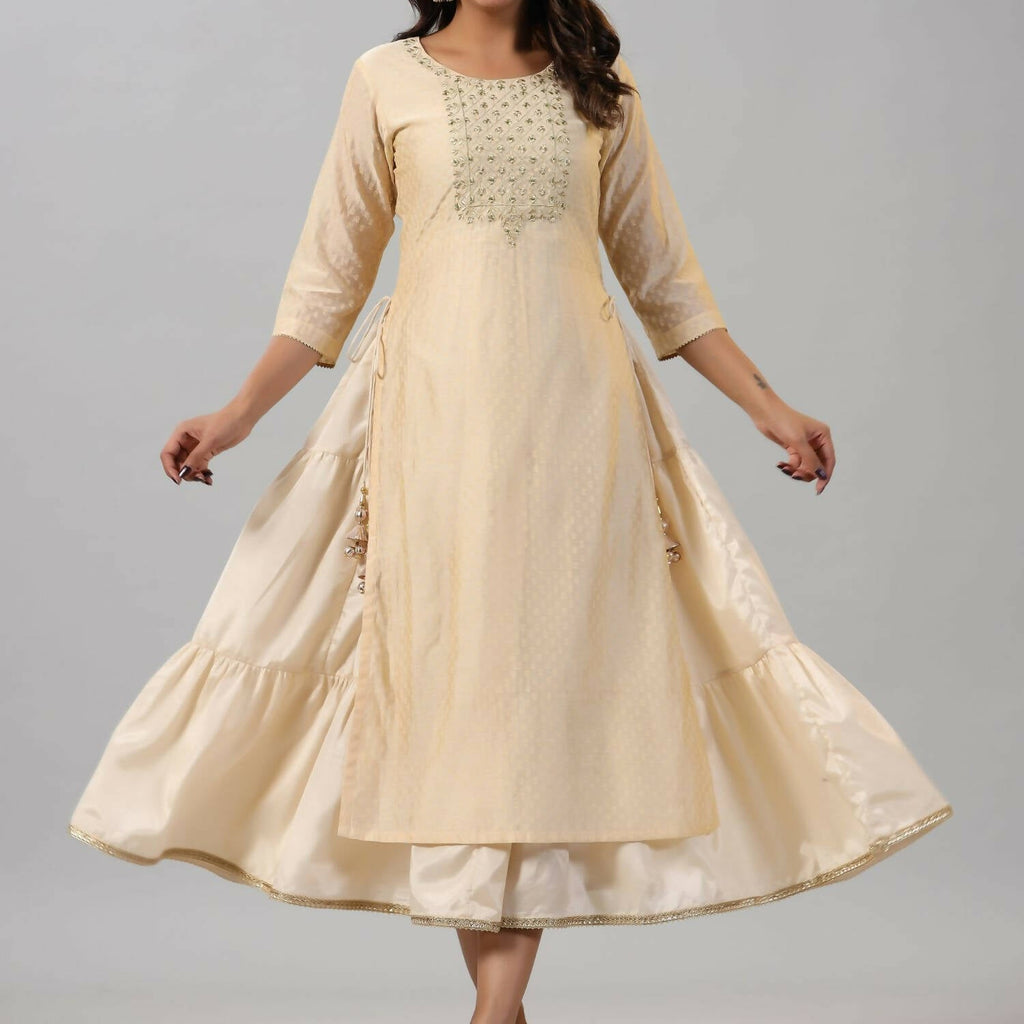 Juniper Women Gold Chanderi Printed Layered Maxi Dress with Embroidered Yoke | Grocsy