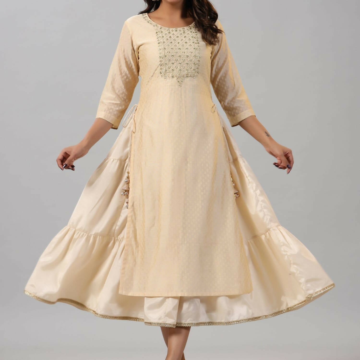 Juniper Women Gold Chanderi Printed Layered Maxi Dress with Embroidered Yoke | Grocsy