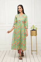 Myshka Women Green Floral Rayon A-Line Round Neck Kurtas | Grocsy
