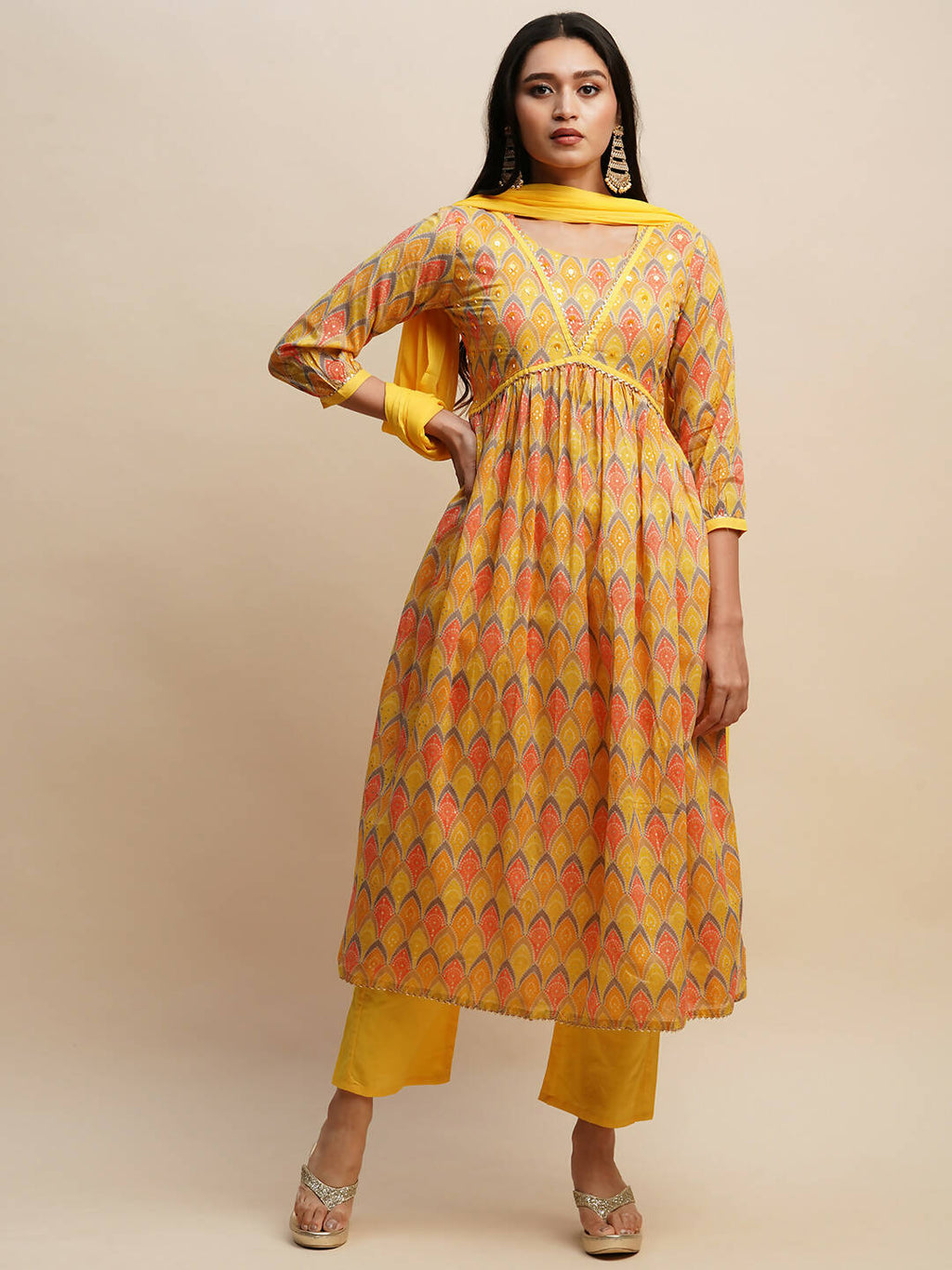 Yellow Pure Cotton Bandhani Printed Naira Cut Kurta And Bottom With Dupatta - Akashara | Grocsy