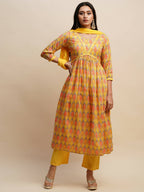 Yellow Pure Cotton Bandhani Printed Naira Cut Kurta And Bottom With Dupatta - Akashara | Grocsy
