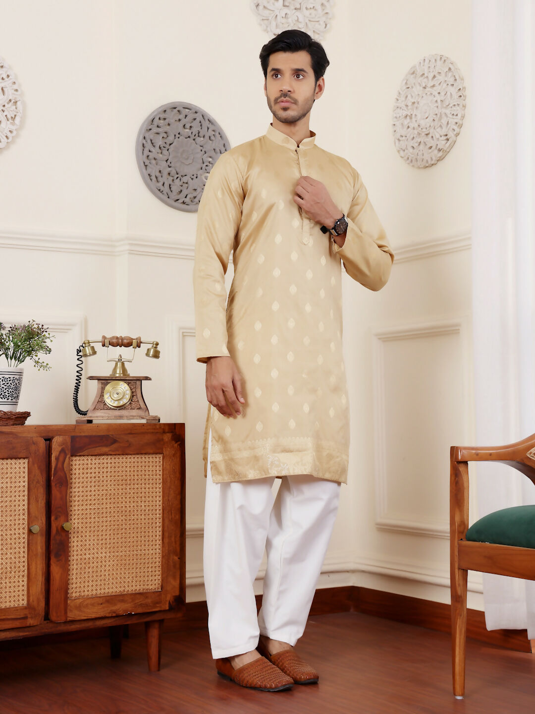 Beige Viscose Woven Jacquard Work Men's Rajwadi Kurta Set - Mahotsav | Grocsy