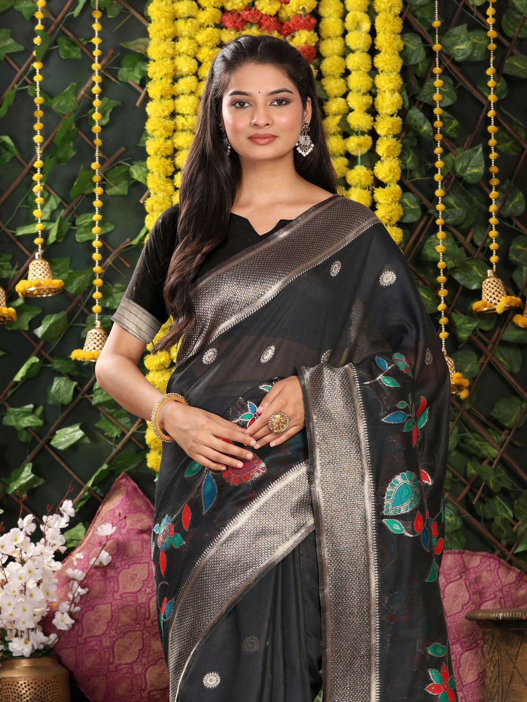Shree Shyam Fashion Linen Cotton Black Saree | Grocsy