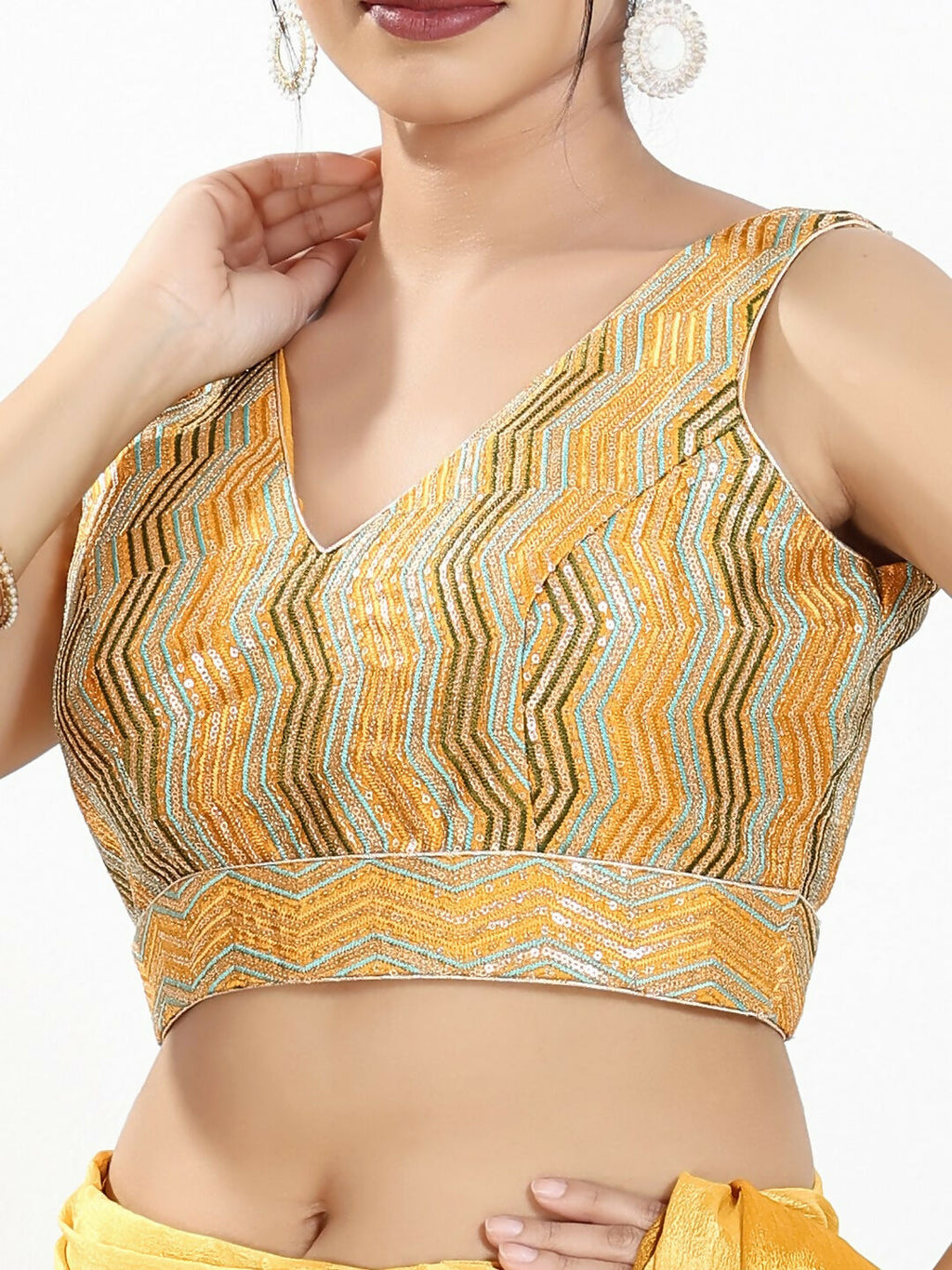 Joban Fashion Yellow Multi Silk Padded Blouse With V Neck Sleeveless | Grocsy