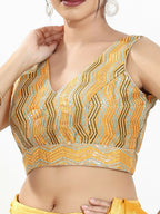 Joban Fashion Yellow Multi Silk Padded Blouse With V Neck Sleeveless | Grocsy