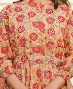 Kaajh Women's Yellow-Red Floral Hand Block Print Cotton Dress | Grocsy