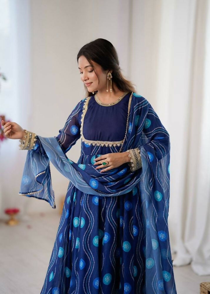 Teeya Creation Blue Faux Georgette Party Wear Digital Print Long Gown | Grocsy