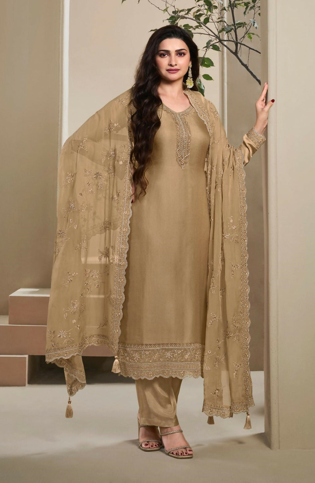 Anaita Brown Heavy Natural Crepe Stitched Suit with Embroidery & Zarkhan Work | Grocsy