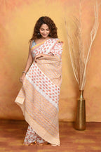 Very Much Indian Handblock Printed Cotton Saree With Natural Dyes - White Peach | Grocsy