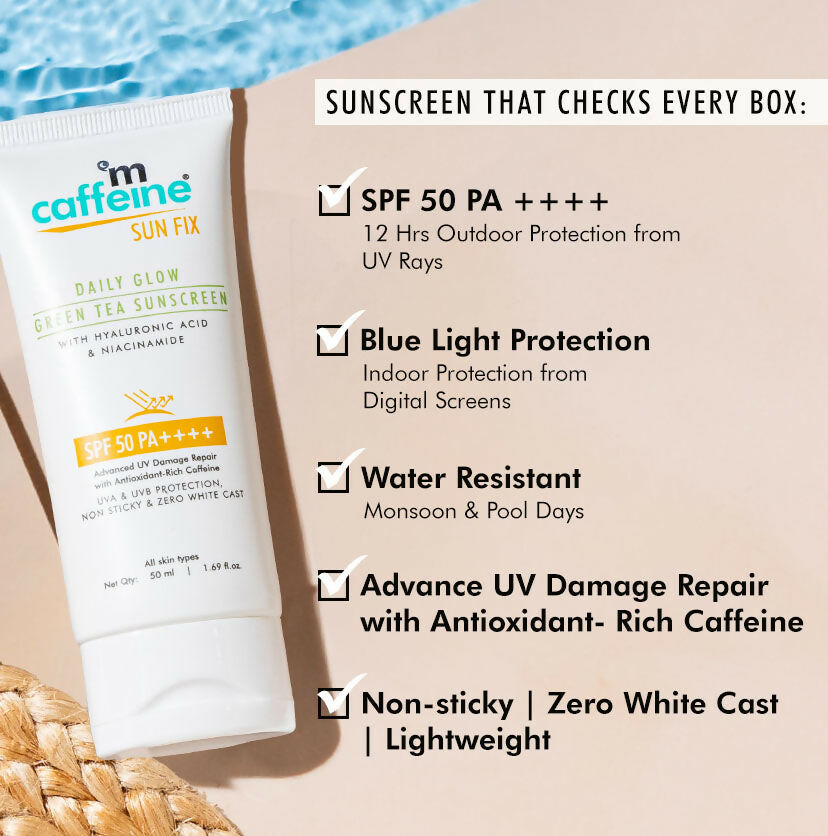 mCaffeine Sun Fix Daily Glow Green Tea Sunscreen SPF 50 PA++++ with Niacinamide, Lightweight & No White Cast | Grocsy