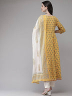 Yufta Women Yellow Floral Print Angrakha Pure Cotton Kurta and Trouser With Dupatta | Grocsy