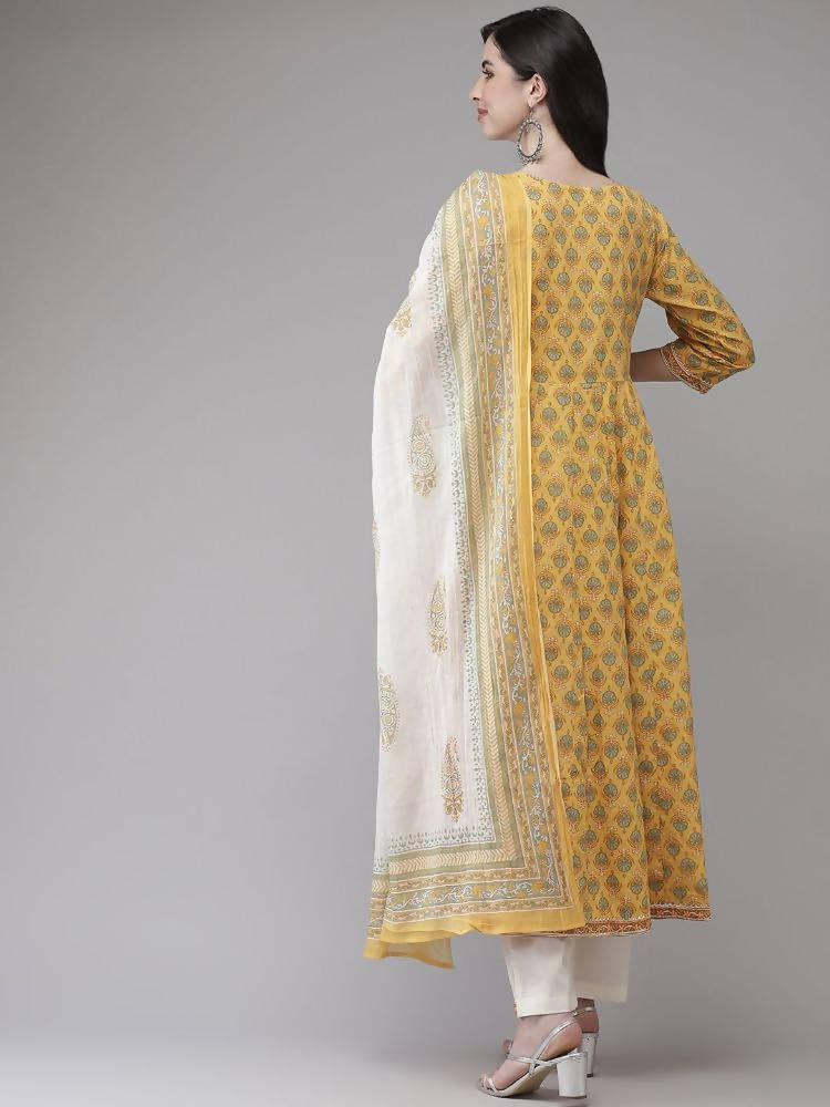 Yufta Women Yellow Floral Print Angrakha Pure Cotton Kurta and Trouser With Dupatta | Grocsy