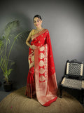 Joban Fashion Red Banarasi Soft Lichi Silk Paisley Saree | Grocsy