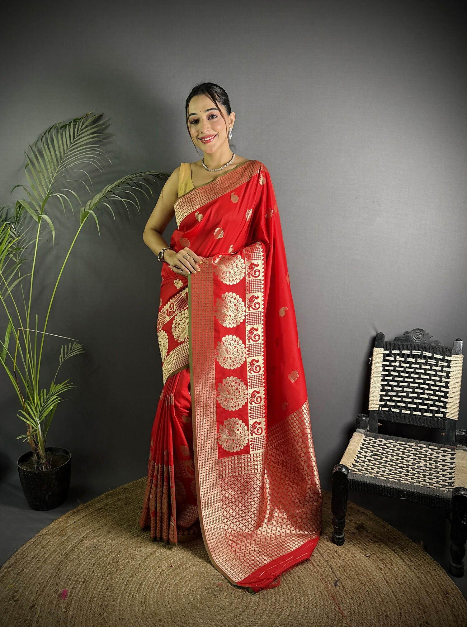 Joban Fashion Red Banarasi Soft Lichi Silk Paisley Saree | Grocsy