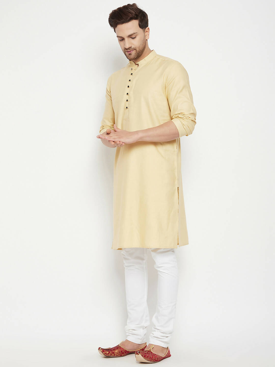Even Apparels Beige Pure Cotton Long Men's Kurta With Band Collar | Grocsy