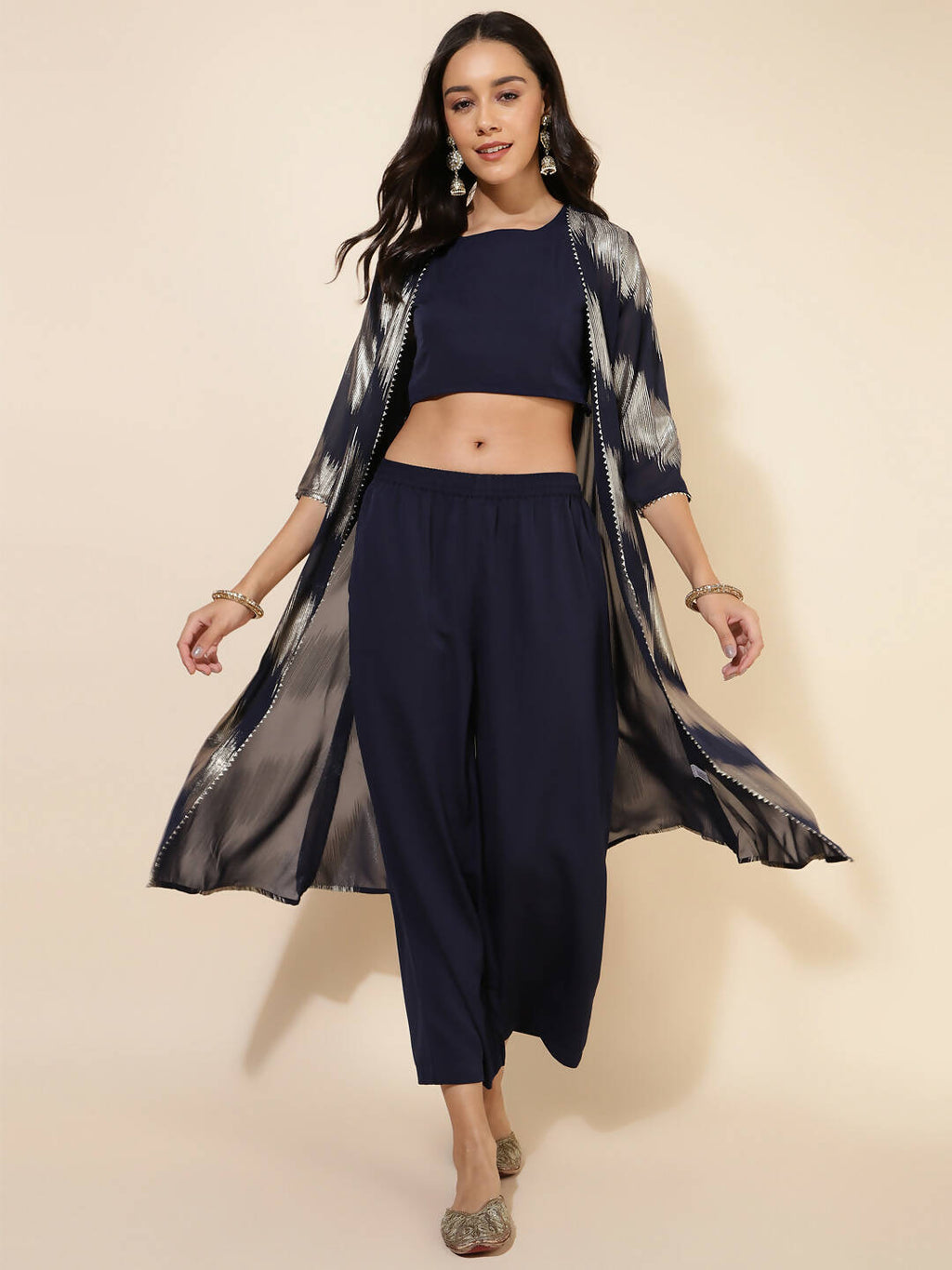 Janasya Women's Dark Blue Crepe Foil Printed Festive Crop Top Set | Grocsy